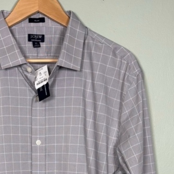 J.Crew Performance Slim Fit Grid Check Dress Shirt-Gray-Cotton Blend-Men XL - Picture 1 of 5